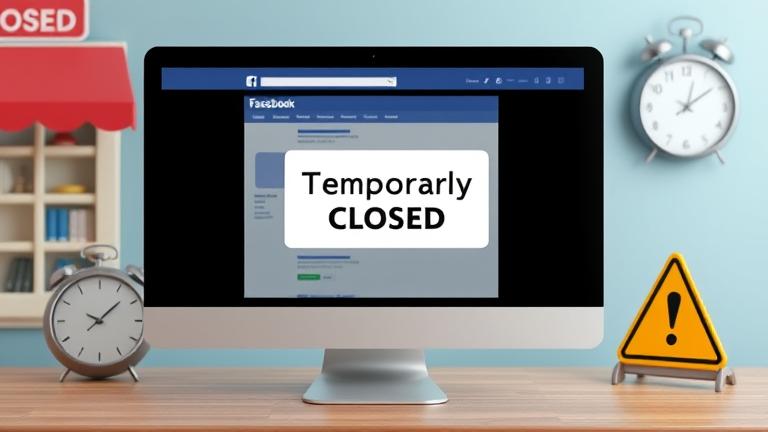 alt_text: Facebook page with “Temporarily Closed” notice, warning signs, clock, and approach style.