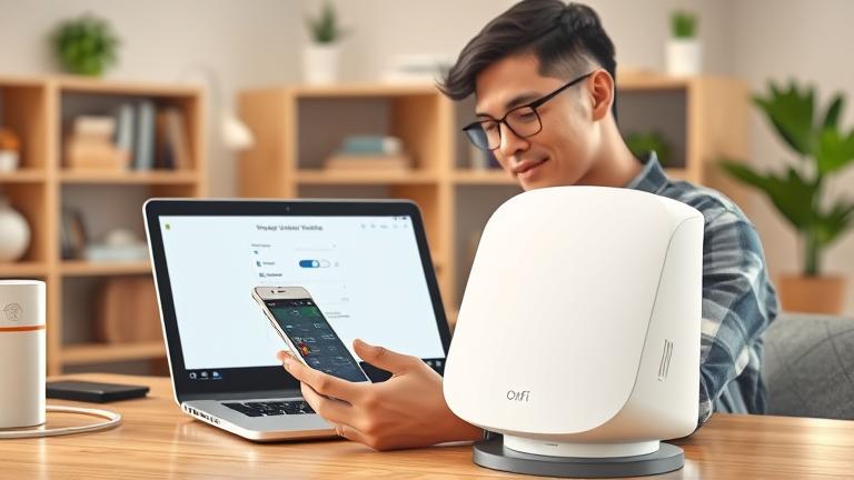 alt_text: Person troubleshooting Wi-Fi connection on device with Orbi satellite in modern home office.