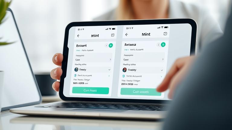 alt_text: Person uses device showing two Mint accounts for easy budgeting in a modern, financial setting.