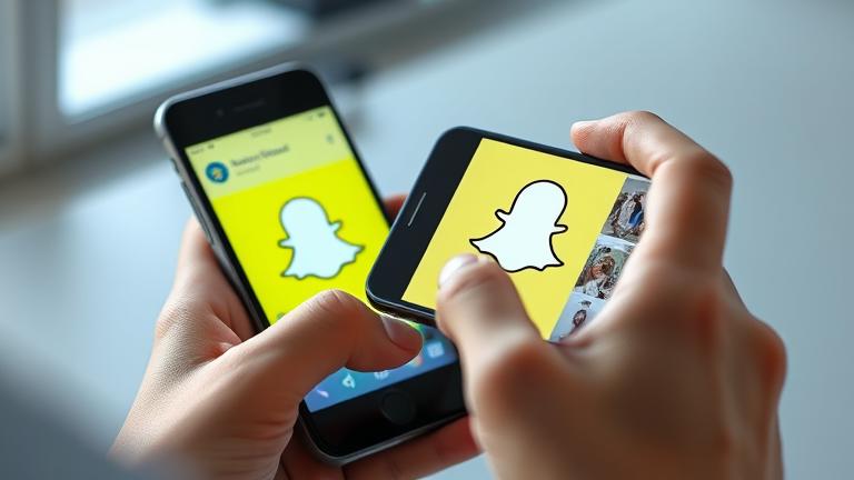 alt_text: Person using Snapchat on phone, viewing recovered images with tech elements in background.