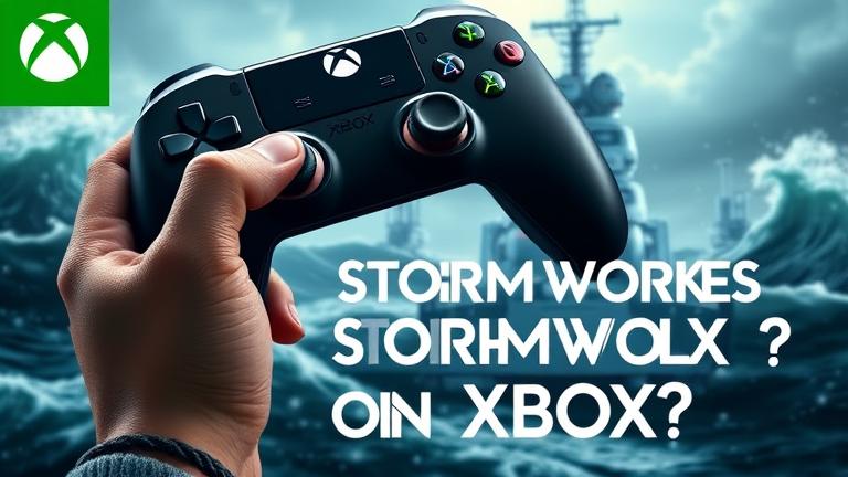 alt_text: Player with Xbox controller, stormy sea, ship background, posing "Can you play Stormworks on Xbox?"