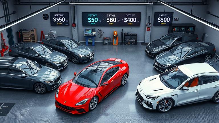 alt_text: Realistic car workshop with various vehicles, tools, and digital price displays from $50-$200.