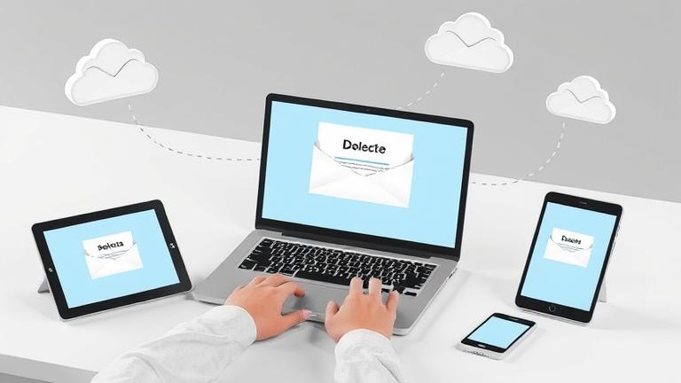 Person at desk with devices connected; email deletion sync across laptop, tablet, phone.