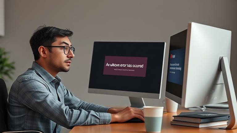 alt_text: Frustrated user at desk with Adobe Acrobat error message "An unknown error has occurred."