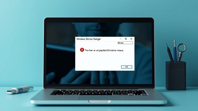 alt_text: IT technician troubleshooting Windows device driver error on laptop with tools and icons.