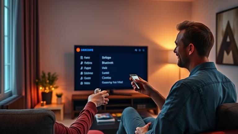 alt_text: Person pairs AirPods with Samsung TV in a modern, cozy living room, looking satisfied.