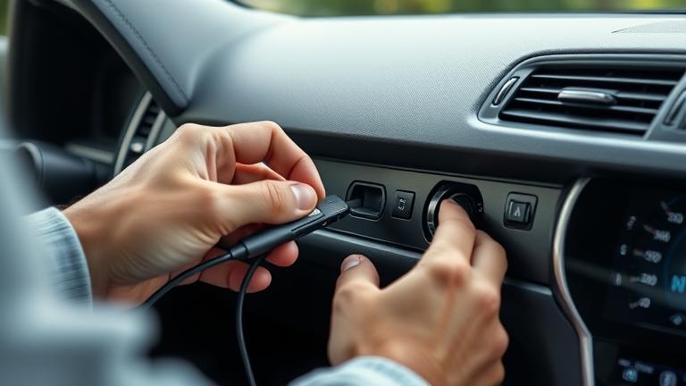 alt_text: Person inspecting AUX port on car dashboard with tools and smartphone nearby.