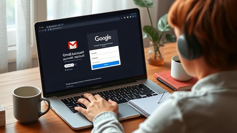 alt_text: Concerned person at desk with laptop and recovery tools, seeking Gmail account help.