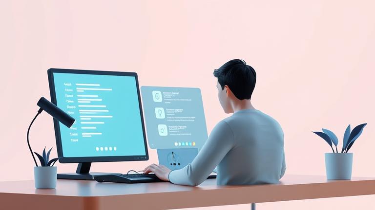 alt_text: Person working on a laptop with digital icons, hinting at user accounts and system access.