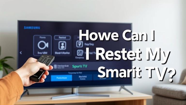 alt_text: Modern Samsung Smart TV with remote; on-screen reset icons in a cozy home setting.