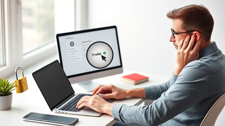 alt_text: Frustrated user at laptop with Google Smart Lock, smartphone, settings, and focus on disabling.