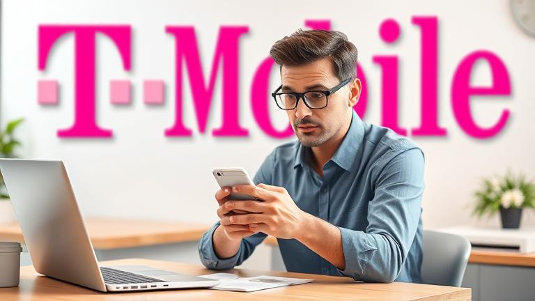 alt_text: Person with phone at workspace, unsure, with T-Mobile branding, amid service management.