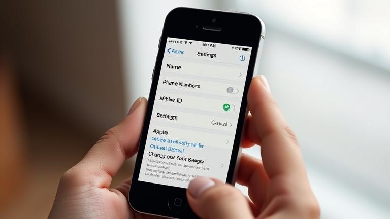 alt_text: iPhone 4s Settings screen showing Apple ID email change, held by a person.