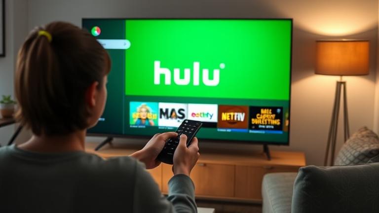 alt_text: Person navigating Hulu app on TV in cozy living room, highlighting account management.
