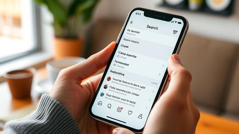 alt_text: Person clears Instagram search history on phone in cozy cafe or workspace.