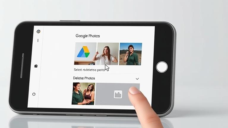 alt_text: Smartphone screen showing Google Photos delete process with cursor and trash icon.