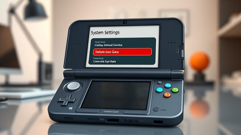 alt_text: Nintendo 3DS with settings menu, highlighting delete save data, on a modern gaming setup.