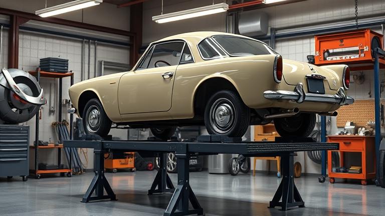 alt_text: Realistic workshop scene with vintage car balanced on a rotisserie, showing detailed mechanisms.