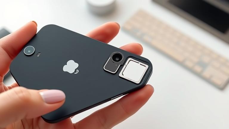 alt_text: Person removing or wiping iPhone SIM card with ejector tool on a clean, organized workspace.