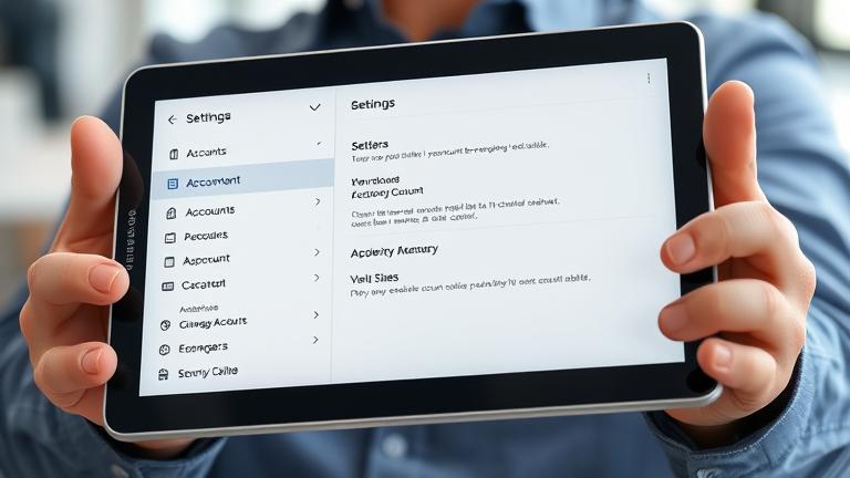 alt_text: User holding Samsung tablet with settings menu open, focusing on account management options.
