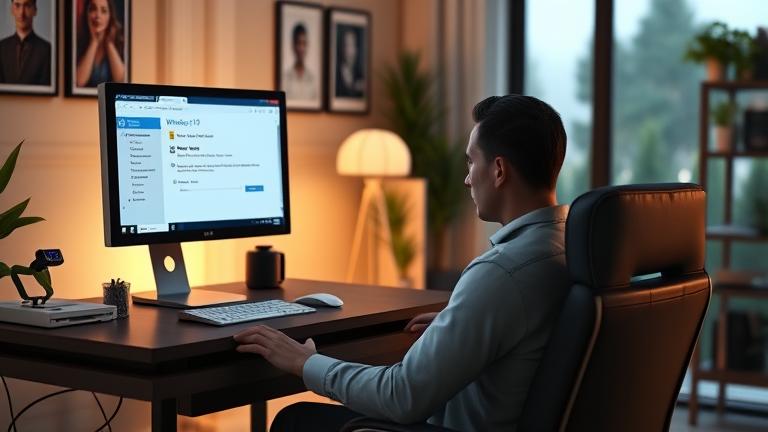alt_text: Person troubleshooting Windows 10 compatibility for Sims 3 at a modern desk.
