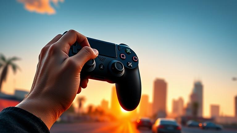 alt_text: Gamer entering solo GTA V session on PS4; sunset Los Santos skyline, controller, and lock symbols.