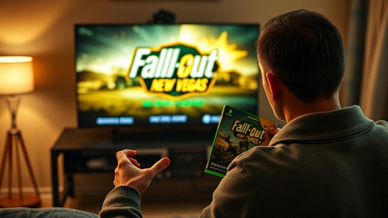 alt_text: Person sets up Xbox One installing Fallout: New Vegas in cozy gaming setup.