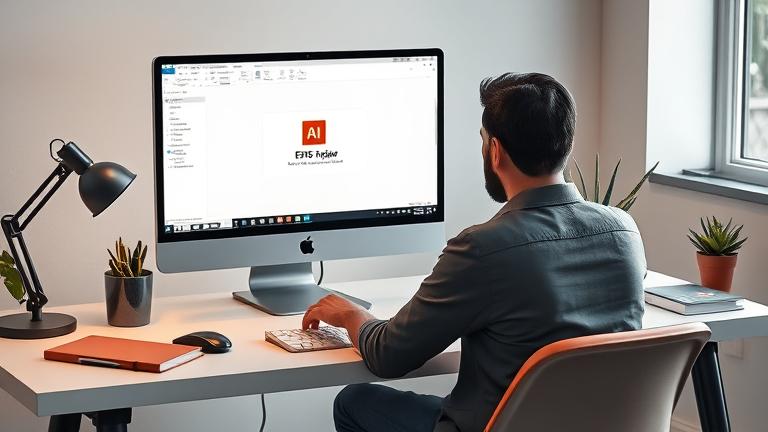 alt_text: Frustrated designer at modern desk struggling to open an EPS file in Adobe Illustrator.