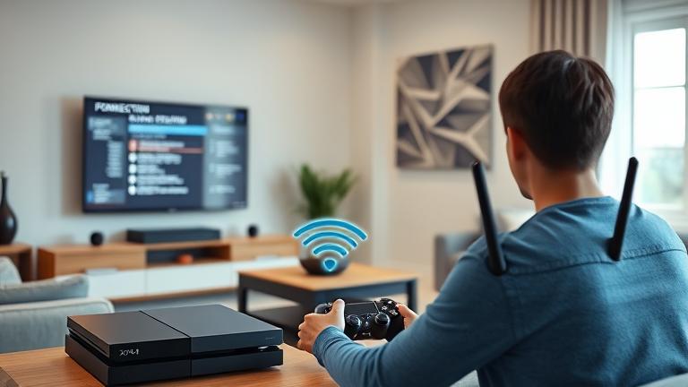 alt_text: Person setting up PS4 with Xfinity Wi-Fi in a bright, modern living room.