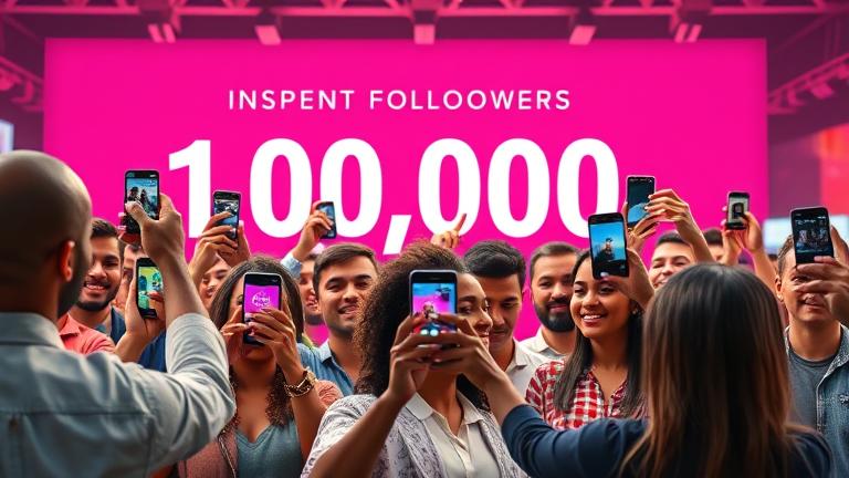 alt_text: Diverse people taking selfies, with social media icons, followers, and vibrant, inspiring background.