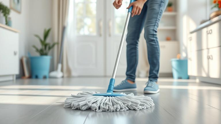alt_text: Person cleaning a dust mop with cleaning supplies in a tidy, well-lit space.