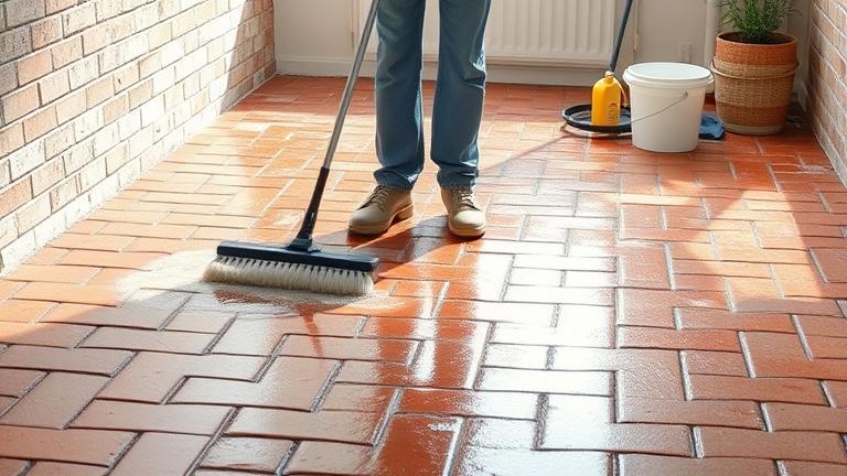 alt_text: Person cleaning brick floor with mop, showcasing texture and reflections in a bright room.