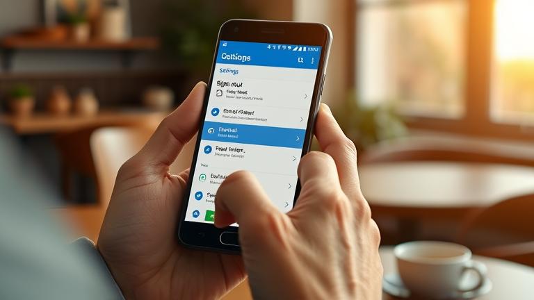 alt_text: Person signs out of Outlook on Android in a cozy setting, highlighting the "Sign Out" option.