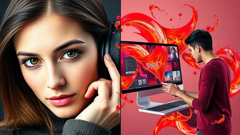alt_text: Split-screen of a photographer editing a portrait and a designer creating vibrant artwork in Photoshop CS6.