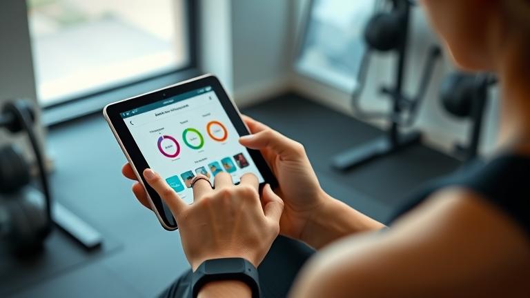 Person compares Fitbit Premium and Fitbit Coach on devices in a modern fitness setting.