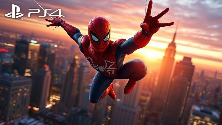 alt_text: Spider-Man swinging through NYC at sunset with vibrant lights, PlayStation 4 logo, and price.