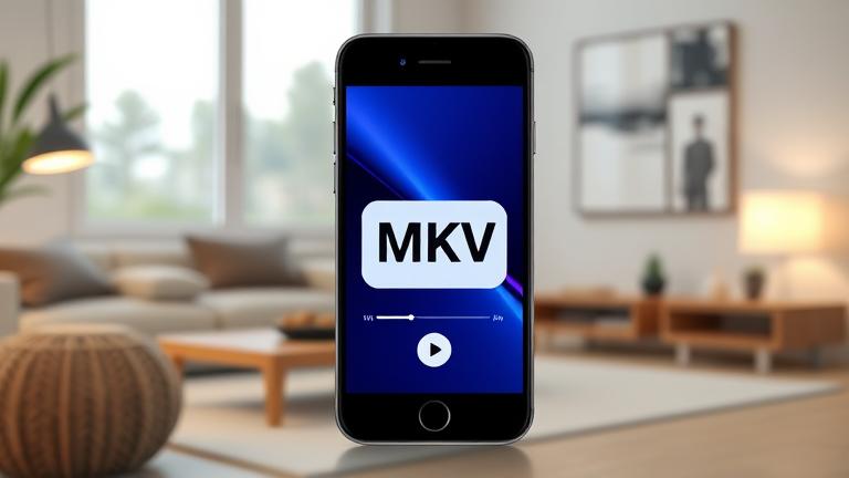alt_text: Realistic iPhone playing an MKV video in a cozy, modern setting with visible playback controls.