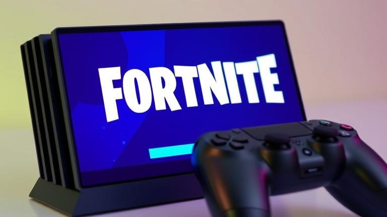 alt_text: PS4 with Fortnite logo, controller, and download bar in vibrant colors, evoking excitement.