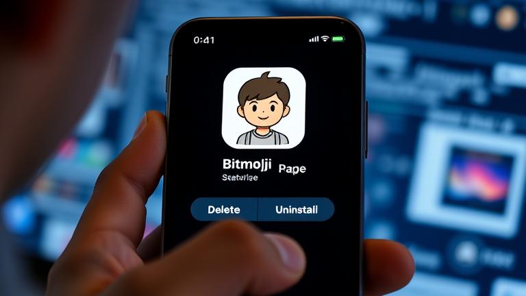 alt_text: Person tapping on a phone screen with Bitmoji icon and delete option, in a digital setting.
