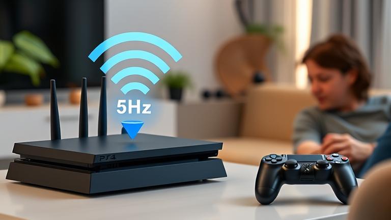 alt_text: PS4 connected to 5GHz Wi-Fi, with user, controller, and modern entertainment setup.