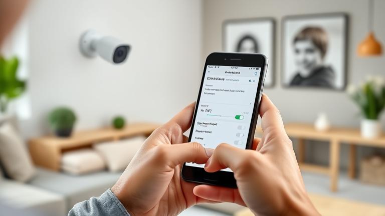 alt_text: Person connects Wi-Fi camera via Android app in a modern home setting.