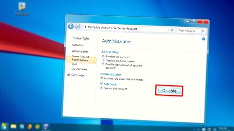 alt_text: Windows 8 desktop with Control Panel open, highlighting Admin account disable option.