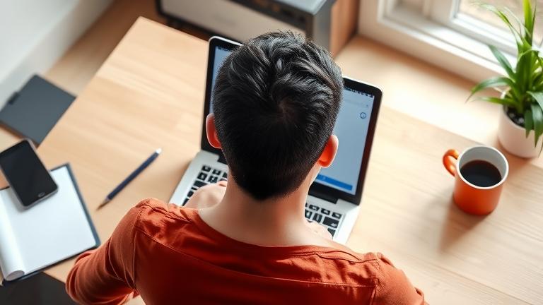 alt_text: Person at desk with laptop showing Facebook login, surrounded by phone, notebook, coffee.