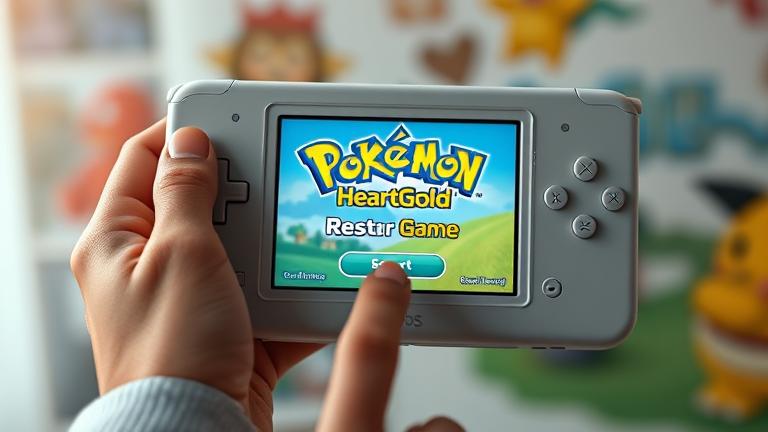 alt_text: Person holding a Nintendo DS showing Pokémon HeartGold, ready to restart the game.