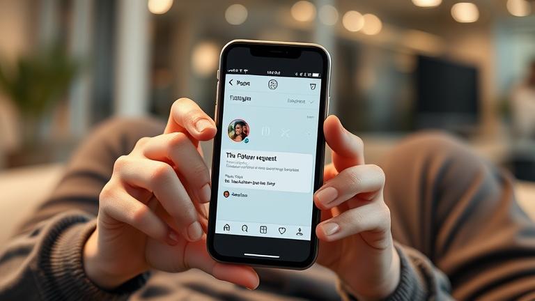 alt_text: Person accepts Instagram follow request on phone, smiling in a modern, friendly setting.