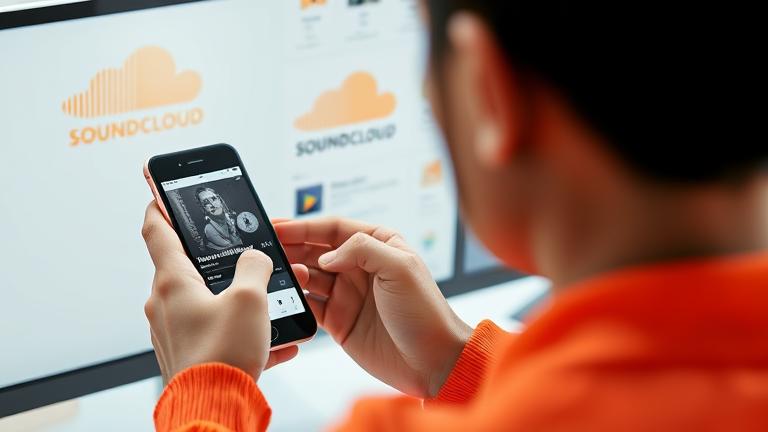 alt_text: Person managing playlists on SoundCloud app with logo and interface cues in a modern setting.