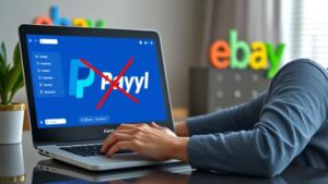 alt_text: Person managing online accounts securely, with PayPal disconnected and eBay in background.