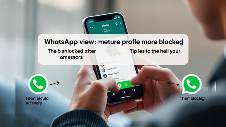 alt_text: Person with smartphone shows how to view profiles on WhatsApp after being blocked, with visual cues.