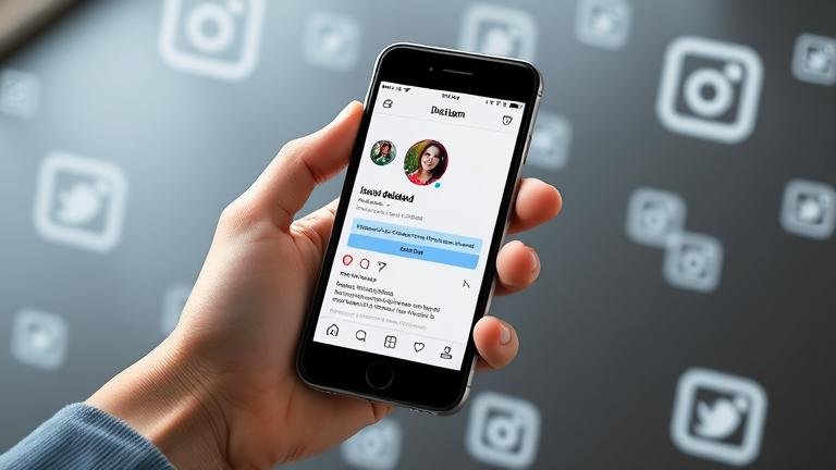 alt_text: Person holding phone with Instagram profile showing "Deleted" warning, social icons in background.