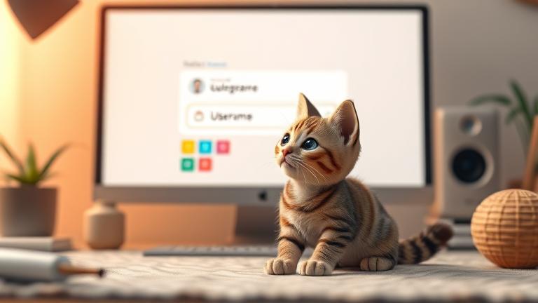 alt_text: Curious cat in cozy setting excitedly editing its username on computer screen.